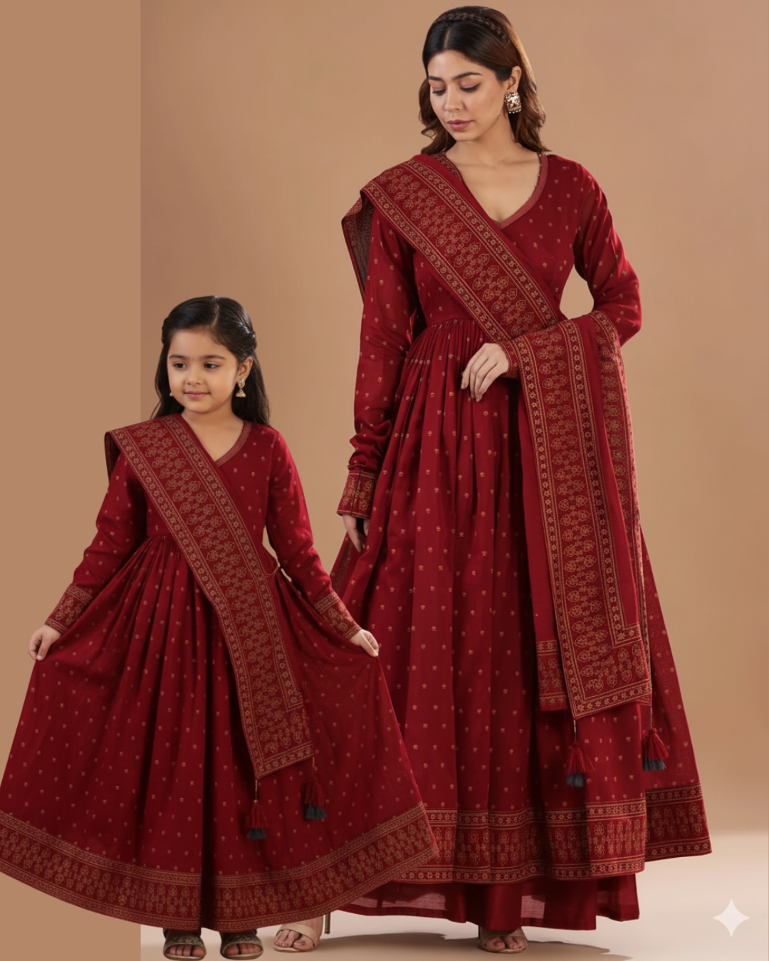 Maroon Cotton Printed Anarkali Combo set