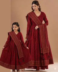 Maroon Cotton Printed Anarkali Combo set