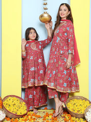 Floral Printed Angrakha Anarkali Kurta & Trousers With Dupatta