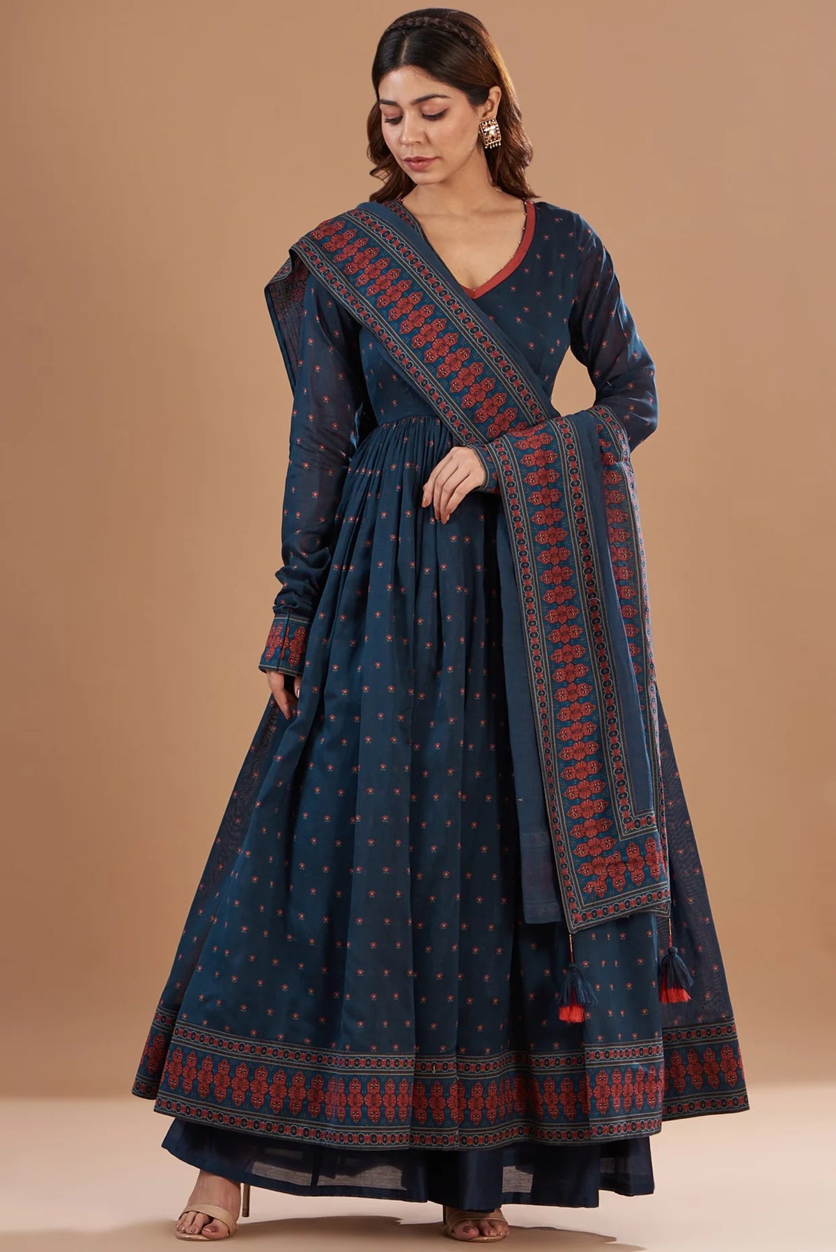 Blue Cotton Printed Anarkali Set